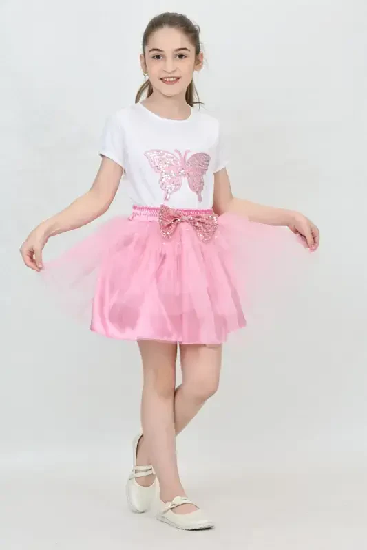 Girl's Butterfly Pattern T-Shirt Sequin Bead Detail Pink Skirt Set April 23 October 29 Show Outfit-Pink Pink - AMAZON EV