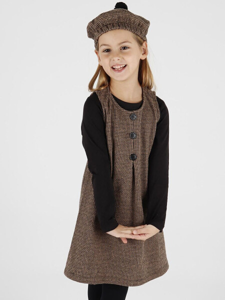 Girls' Button Detail Pinafore Dress with Hat Ak2403 - 5