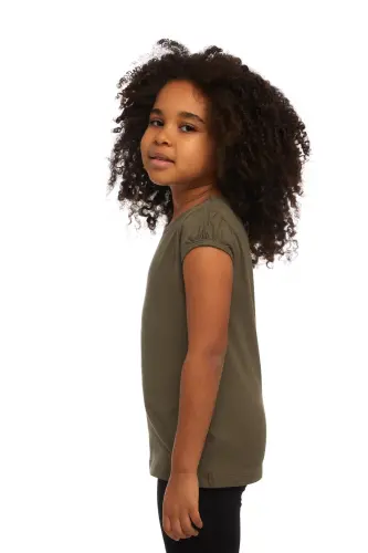 Girls' Camouflage Green Basic Crew Neck Puff Sleeve T-Shirt - MILITARY OLIVE - 3