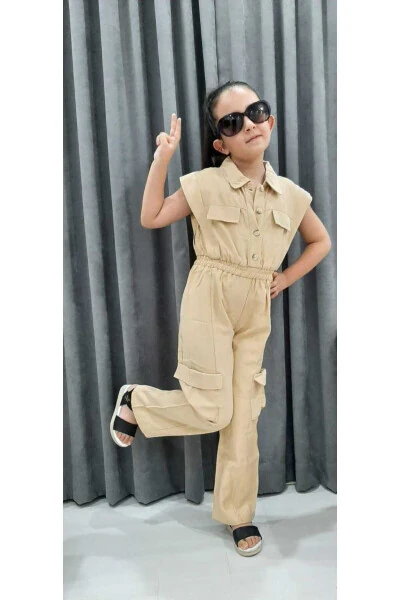 Girls Cargo Pocket Elastic Waist Jumpsuit New Season - OLIVEYOUMOM