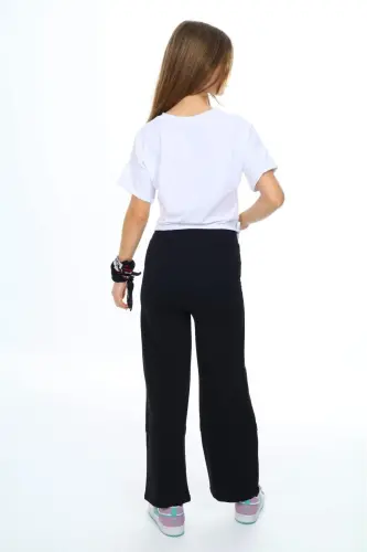 Girls' Compact Combed Cotton 100% Cotton Sports Two-Piece Summer Top-Bottom Set - Black-White - 5
