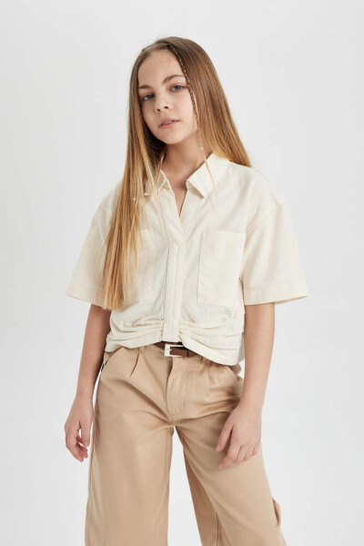 Girls' Cotton Crop Short Sleeve Shirt Ecru - 1