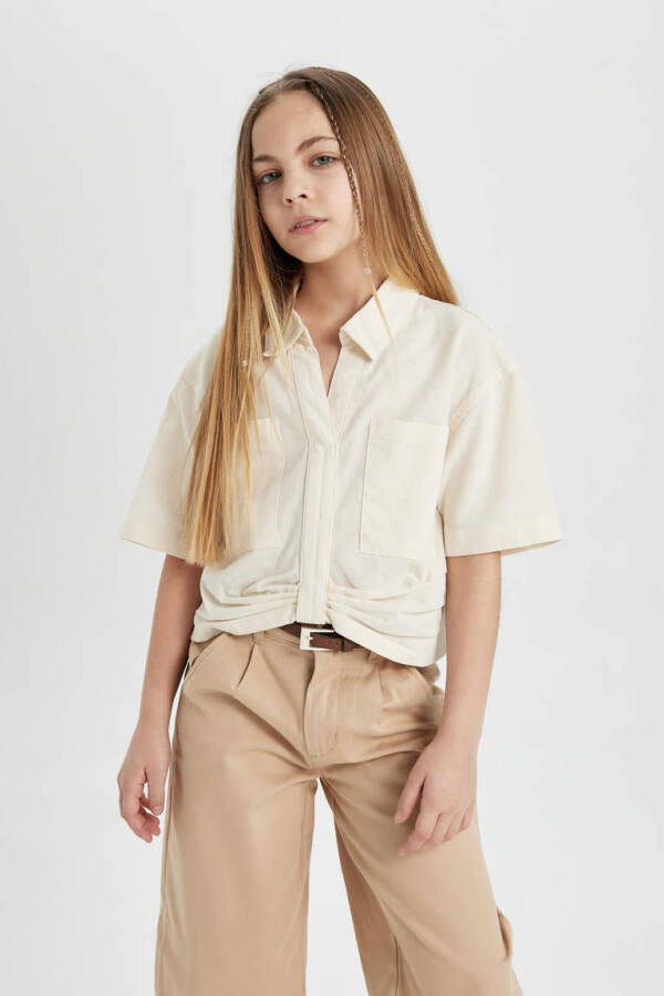 Girls' Cotton Crop Short Sleeve Shirt Ecru - 1