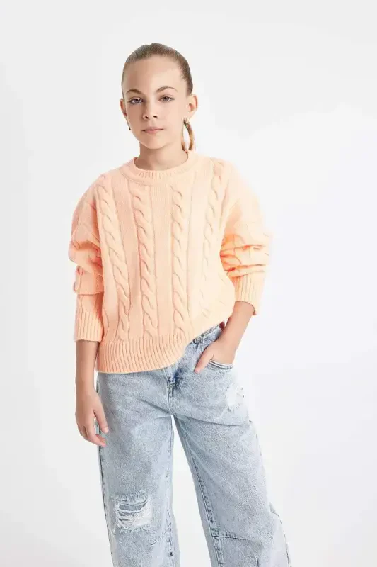 Girl's Crew Neck Braided Knit Sweater B1556A824AU-Orange - 1