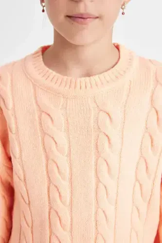 Girl's Crew Neck Braided Knit Sweater B1556A824AU-Orange - 3