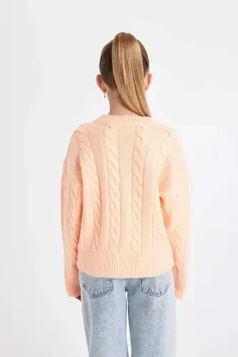 Girl's Crew Neck Braided Knit Sweater B1556A824AU-Orange - 4