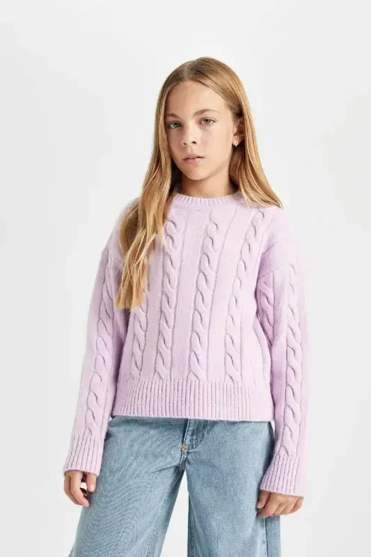 Girl's Crew Neck Cable Knit Tricot Sweater B1556a824au-Purple - DEFACTO