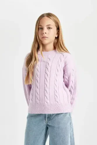Girl's Crew Neck Cable Knit Tricot Sweater B1556a824au-Purple - 3