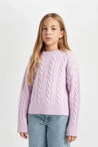 Girl's Crew Neck Cable Knit Tricot Sweater B1556a824au-Purple - 4