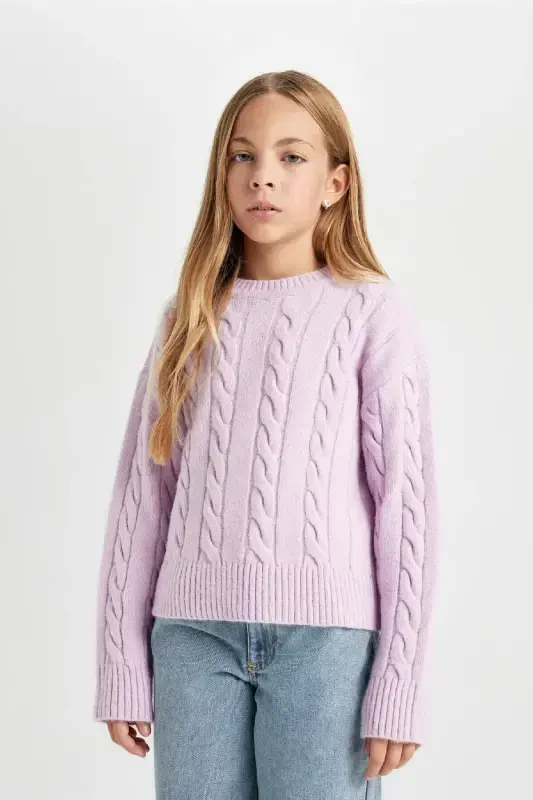 Girl's Crew Neck Cable Knit Tricot Sweater B1556a824au-Purple - 4