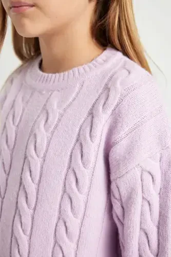 Girl's Crew Neck Cable Knit Tricot Sweater B1556a824au-Purple - 5