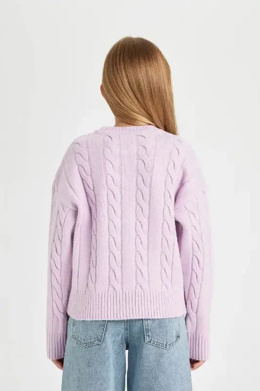 Girl's Crew Neck Cable Knit Tricot Sweater B1556a824au-Purple - 6