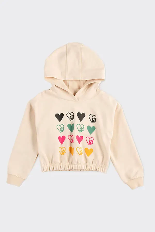 Girls' Crew Neck Detailed Hoodie Beige Sweatshirt - 4