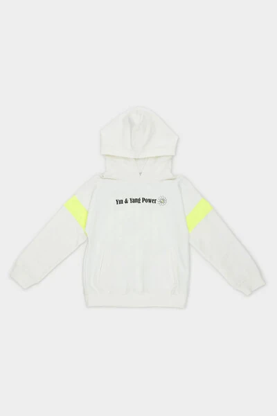 Girls' Crew Neck Detailed Hoodie Ecru Sweatshirt - 3