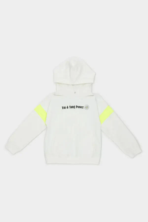 Girls' Crew Neck Detailed Hoodie Ecru Sweatshirt - 3