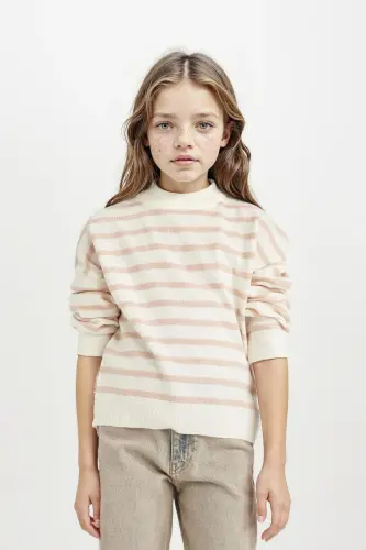 Girl's Crew Neck Striped Knit Sweater Light Pink - 1