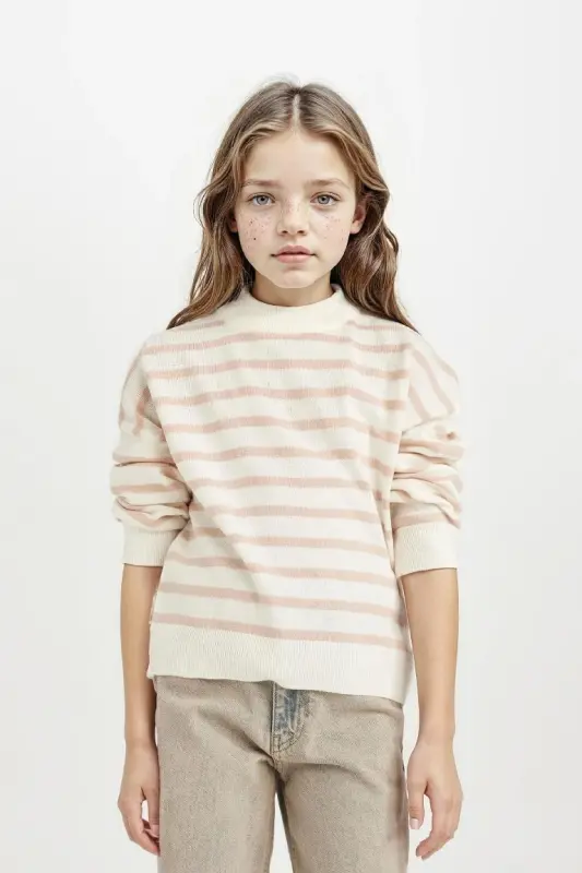 Girl's Crew Neck Striped Knit Sweater Light Pink - 1