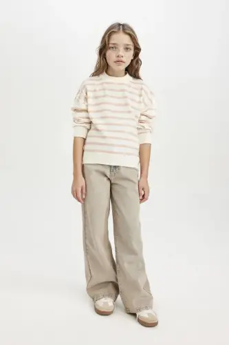 Girl's Crew Neck Striped Knit Sweater Light Pink - DEFACTO (1)