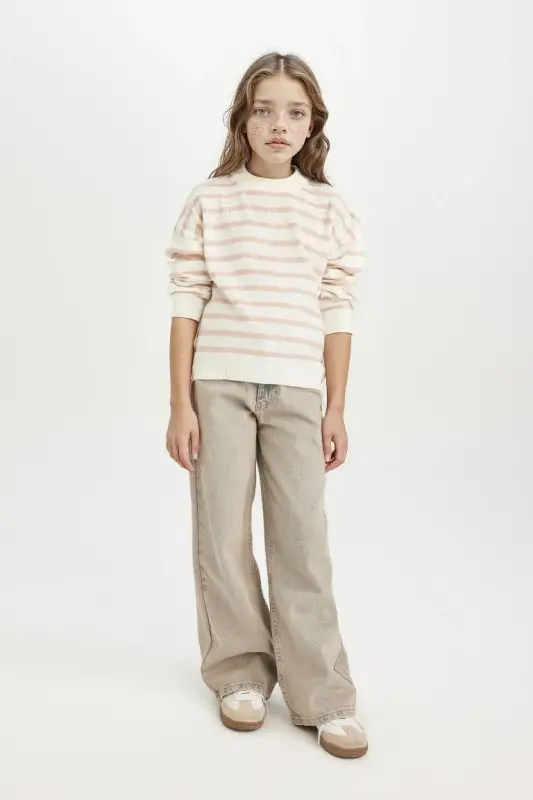 Girl's Crew Neck Striped Knit Sweater Light Pink - 2