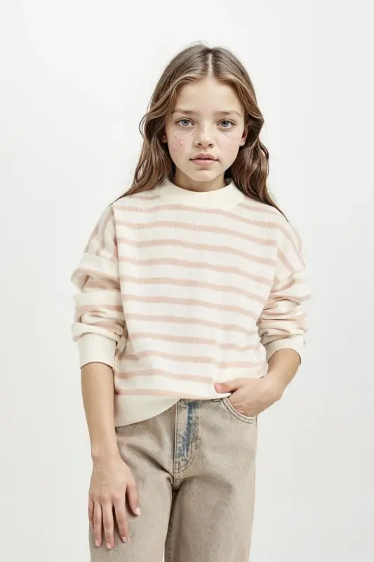 Girl's Crew Neck Striped Knit Sweater Light Pink - 3
