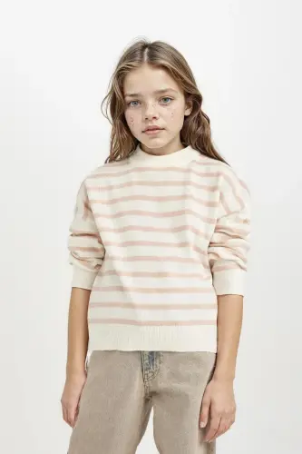 Girl's Crew Neck Striped Knit Sweater Light Pink - 4
