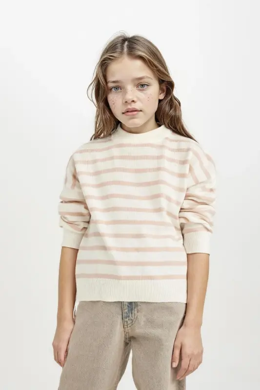 Girl's Crew Neck Striped Knit Sweater Light Pink - 4