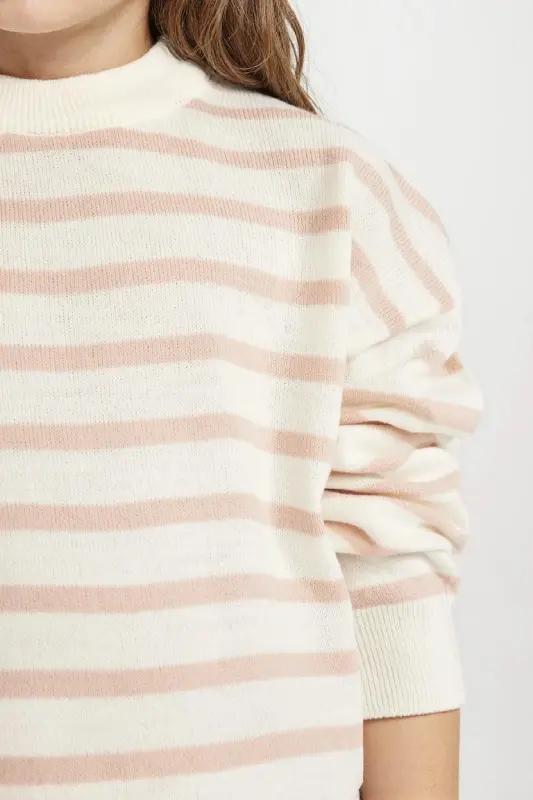 Girl's Crew Neck Striped Knit Sweater Light Pink - 5