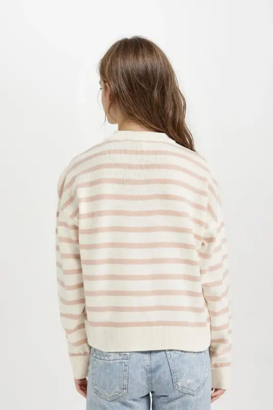 Girl's Crew Neck Striped Knit Sweater Light Pink - 6