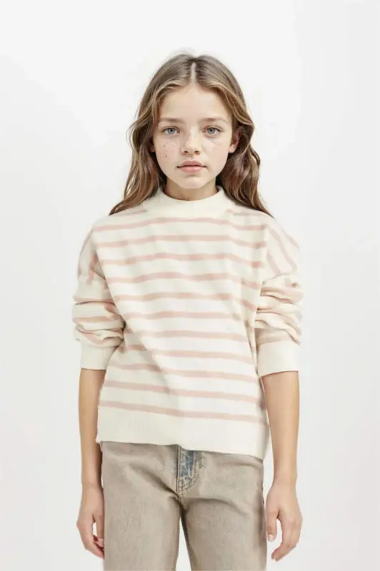 Girl's Crew Neck Striped Knit Sweater Light Pink - DEFACTO