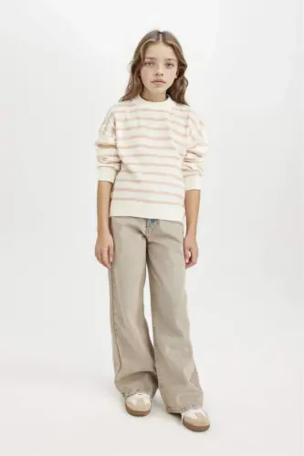 Girl's Crew Neck Striped Knit Sweater Light Pink - 2