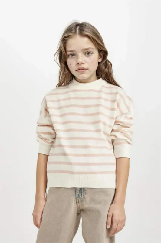 Girl's Crew Neck Striped Knit Sweater Light Pink - 4