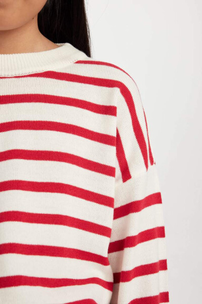 Girl's Crew Neck Striped Knit Sweater Red - 5