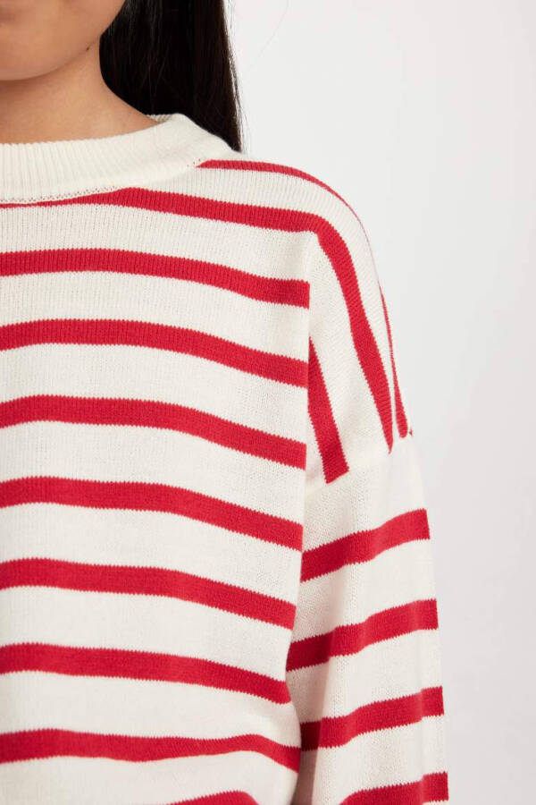 Girl's Crew Neck Striped Knit Sweater Red - 5