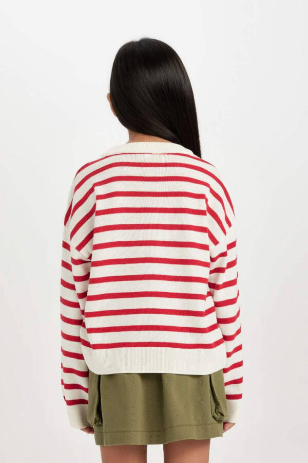Girl's Crew Neck Striped Knit Sweater Red - 6