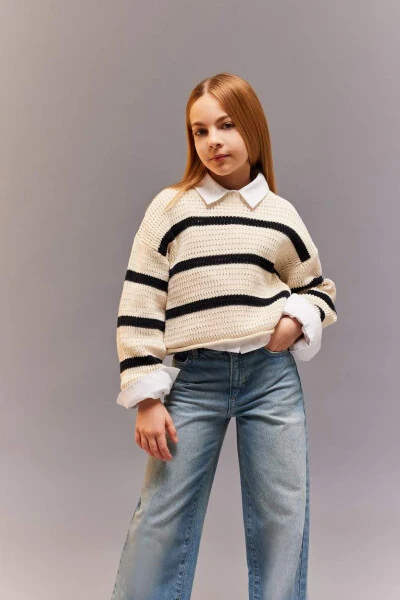 Girl's Crew Neck Striped Openwork Ecru Sweater - DEFACTO (1)