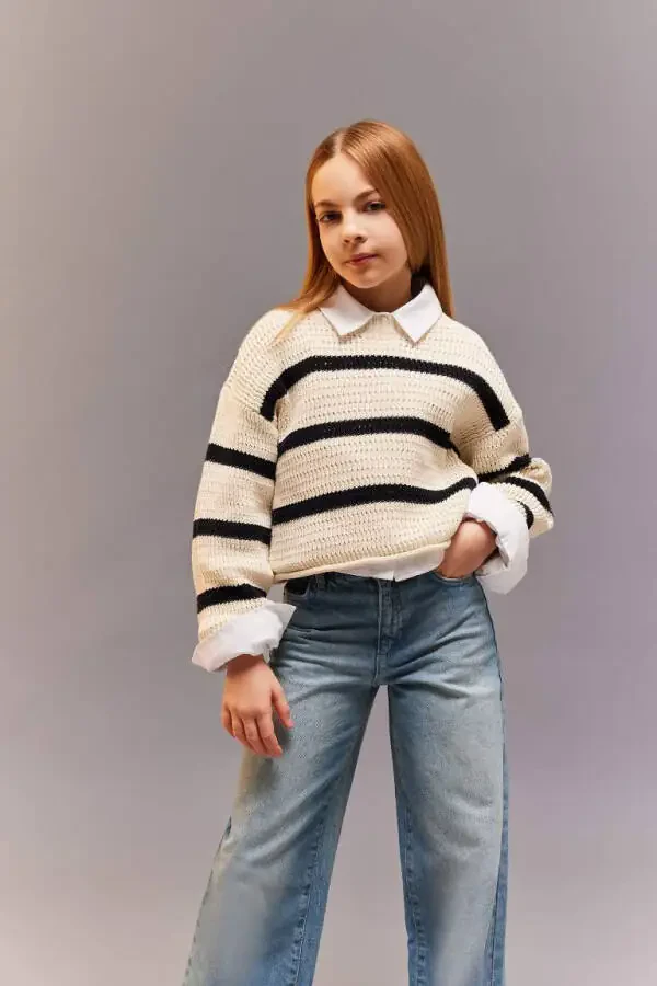 Girl's Crew Neck Striped Openwork Ecru Sweater - 2