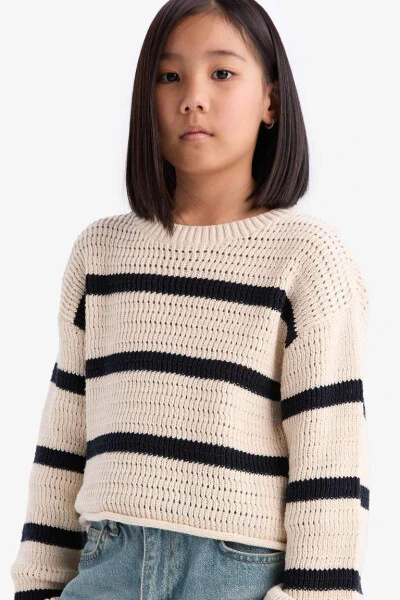 Girl's Crew Neck Striped Openwork Ecru Sweater - 3