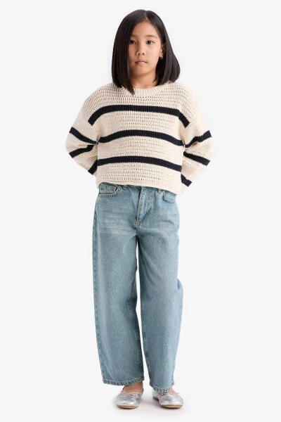 Girl's Crew Neck Striped Openwork Ecru Sweater - 4