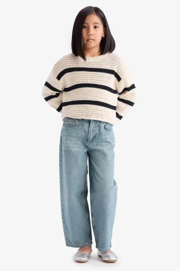 Girl's Crew Neck Striped Openwork Ecru Sweater - 4