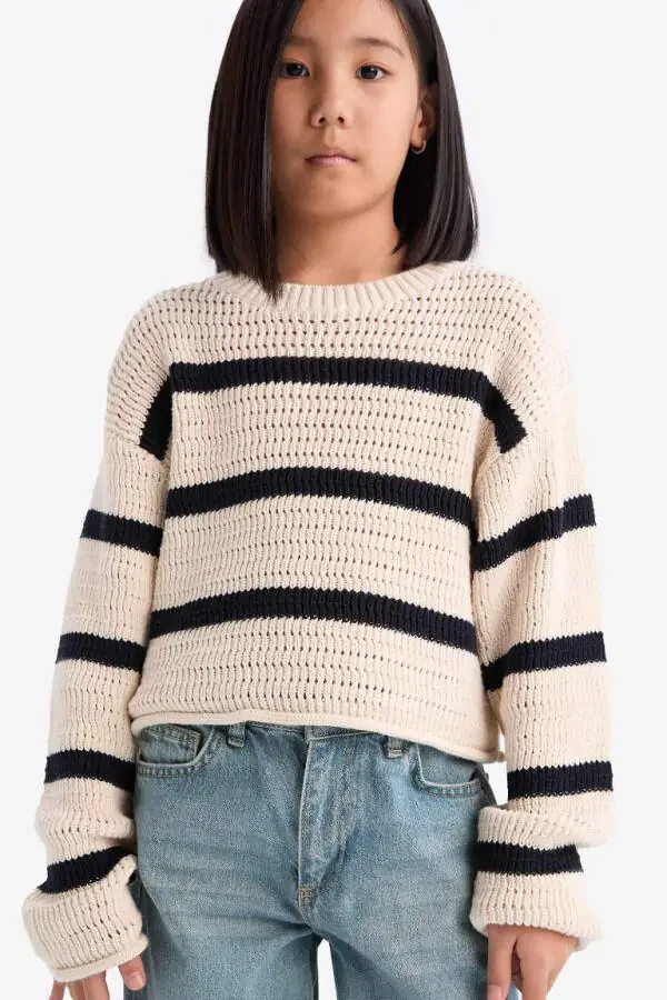 Girl's Crew Neck Striped Openwork Ecru Sweater - 5