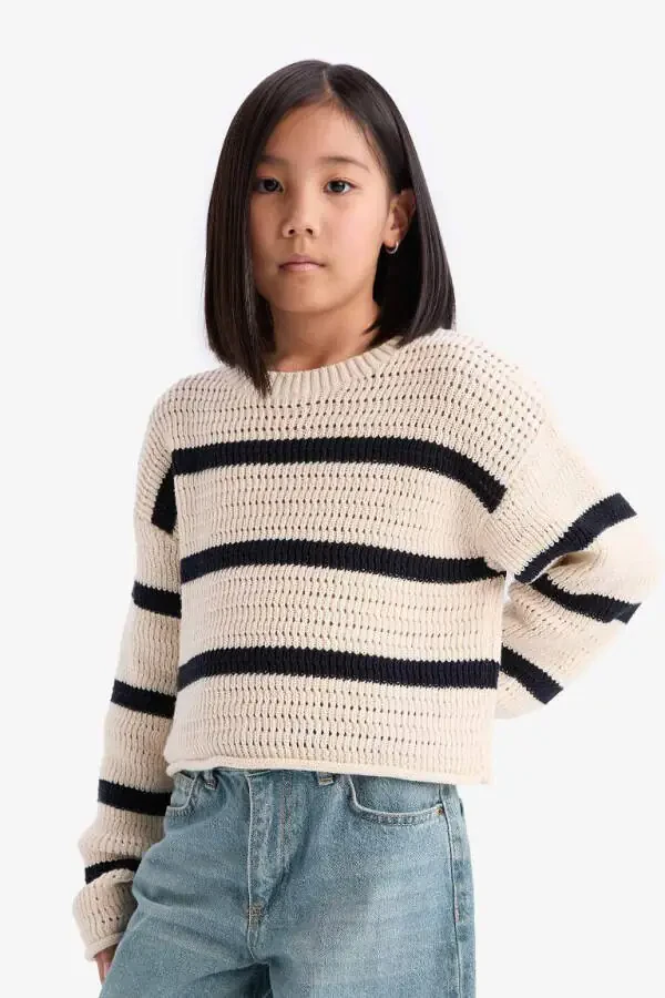 Girl's Crew Neck Striped Openwork Ecru Sweater - 6