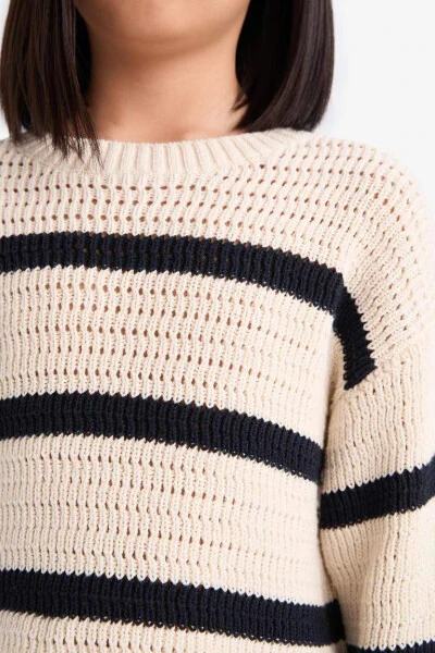 Girl's Crew Neck Striped Openwork Ecru Sweater - 7