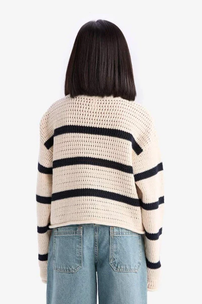 Girl's Crew Neck Striped Openwork Ecru Sweater - 8