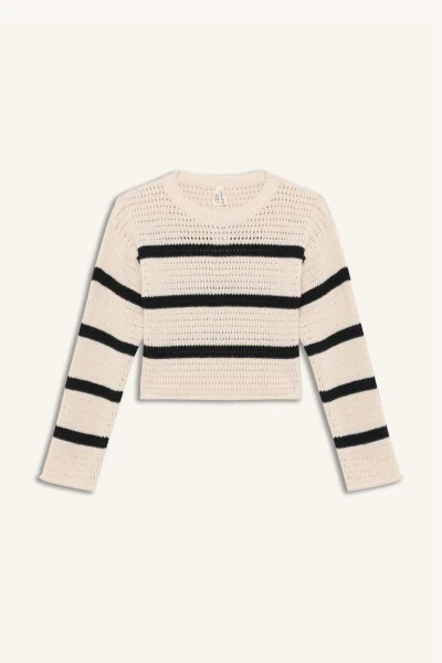 Girl's Crew Neck Striped Openwork Ecru Sweater - 9