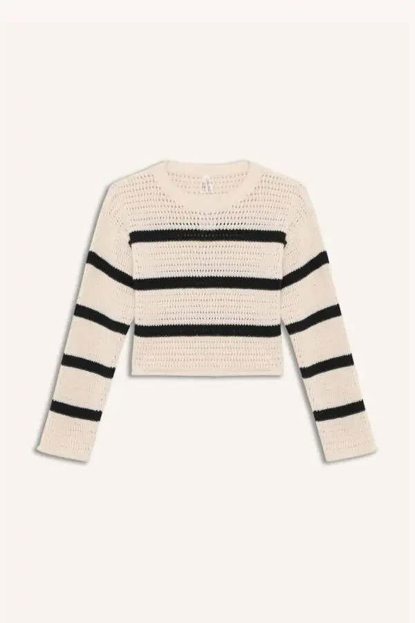 Girl's Crew Neck Striped Openwork Ecru Sweater - 9