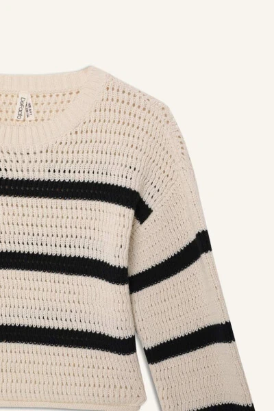 Girl's Crew Neck Striped Openwork Ecru Sweater - 10