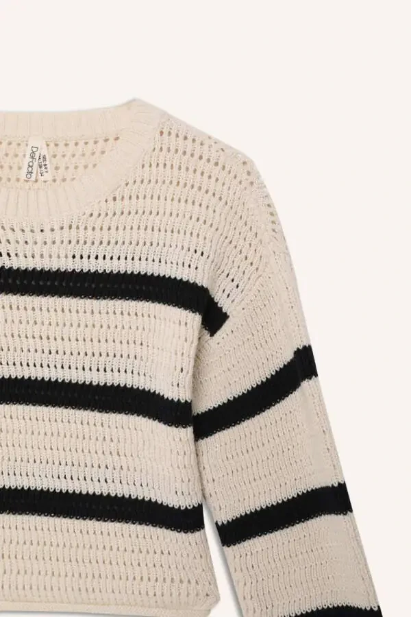 Girl's Crew Neck Striped Openwork Ecru Sweater - 10