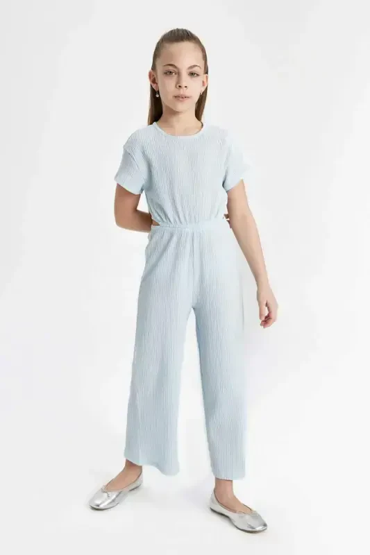 Girl's Crinkle Short Sleeve Jumpsuit C2993A824SM-Blue - 1