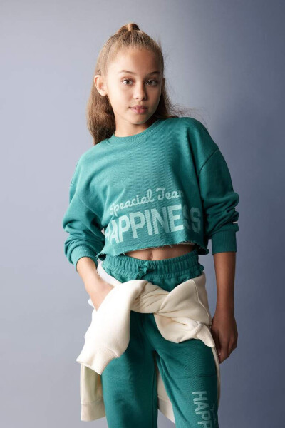 Girls Crop Crew Neck Printed Sweatshirt Dark Green - 1