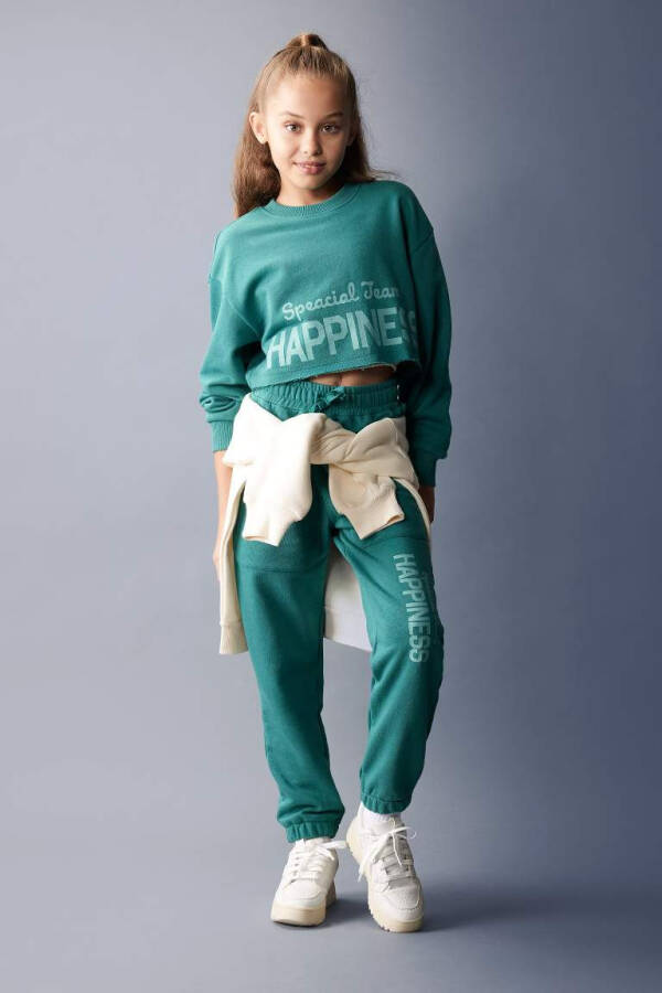 Girls Crop Crew Neck Printed Sweatshirt Dark Green - 2